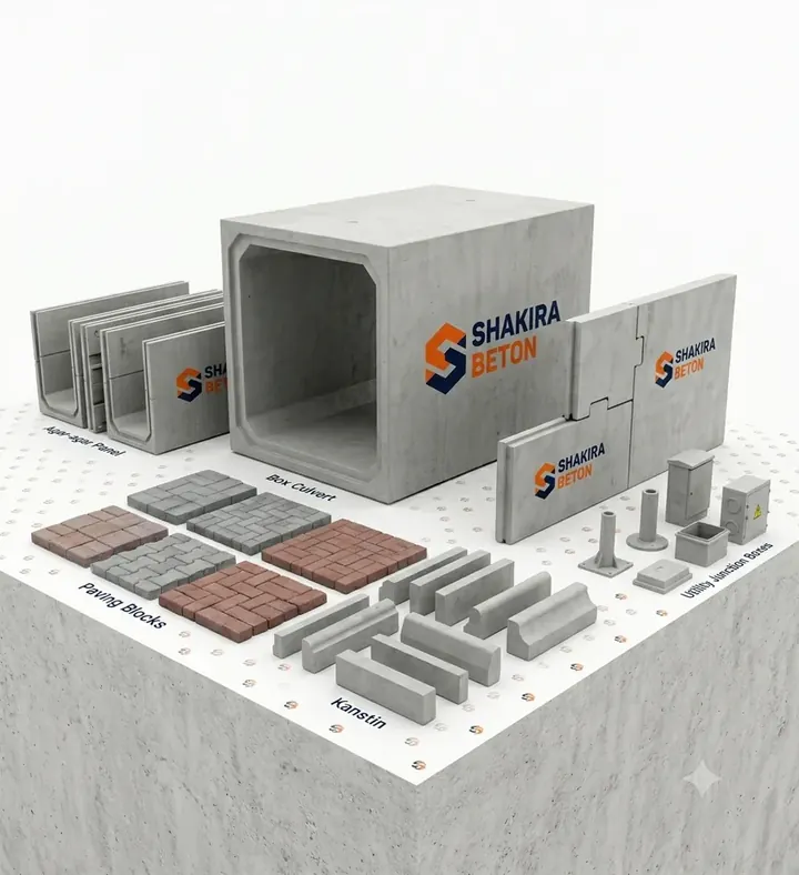 Produk beton precast Shakira Beton: box culvert, U-Ditch, panel, dan paving